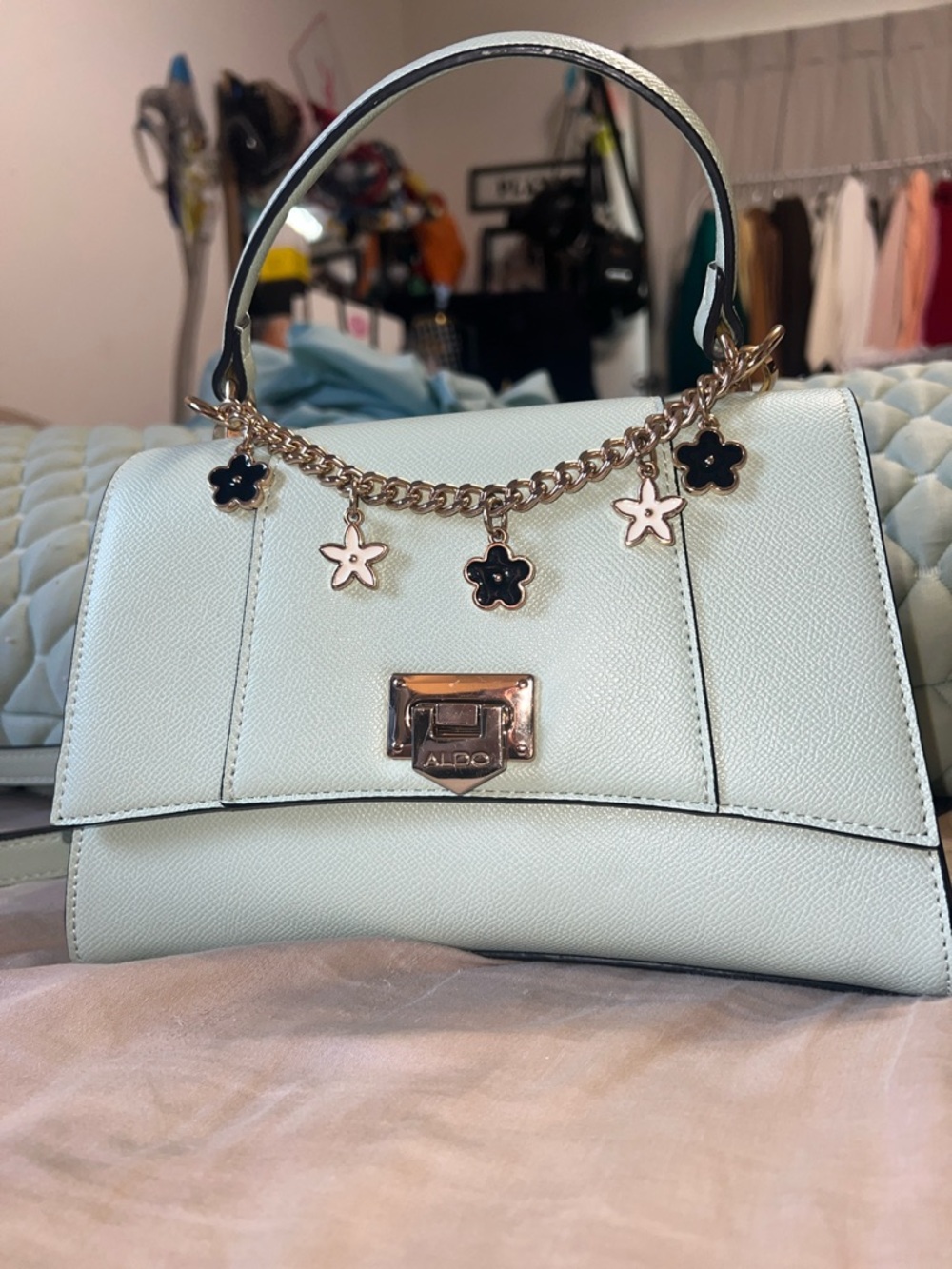 Aldo Mint Mini Top-Handle Bag with Floral Charm Chain